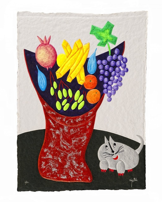 Frutero rojo con gato