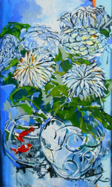 Flores y peces en azul